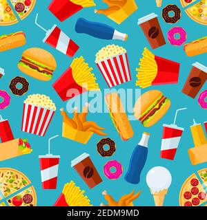 Fast food seamless pattern with vector snacks and drinks as pizza slice, chicken leg, fries, hot dog, cheeseburger, coffee, mayonnaise, ketchup, soda Stock Vector