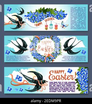 Easter cartoon banner set with spring birds. Swallow birds with floral wreath of blue flowers, Easter eggs, bow and ribbon banner with wishes of Happy Stock Vector
