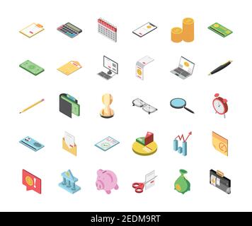 tax day clipboard calendar money document laptop computer glasses magnifier piggy bank icons vector illustration isometric Stock Vector