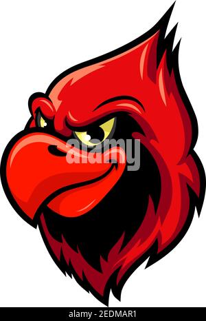 Cardinal bird isolated cartoon mascot. Head of a bird with red crest and aggressive smile. Sporting club mascot, tattoo or t-shirt print design Stock Vector