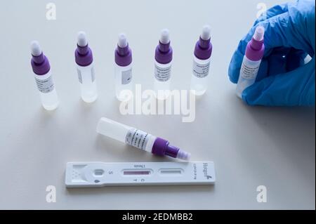 GERMANY, Hamburg, combat COVID 19, Corona Virus, fast testing for visitors in nursing home for old age people , antigen rapid test PoC-Antigen, Test kit of Chinese pharmaceutical company Beijing Hotgen Biotech Co. Stock Photo