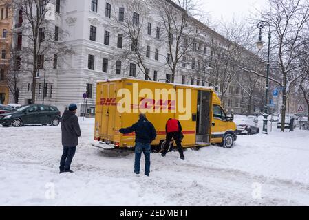 Magdeburg, Germany. 09th Feb, 2021. A DHL vehicle got stuck in the snow. Credit: Stephan Schulz/dpa-Zentralbild/ZB/dpa/Alamy Live News Stock Photo