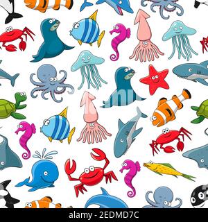 Fishes and ocean and sea animals vector seamless pattern of seal and clown fish or flounder, dolphin, whale and shark, starfish and seahorse, stingray Stock Vector