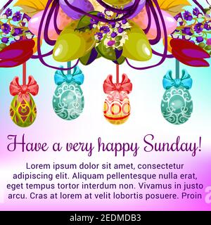 Easter Sunday greetings festive card. Easter eggs hanging on floral wreath with lily and tulip flowers, ribbon bow and leaves. Happy Easter Holidays a Stock Vector
