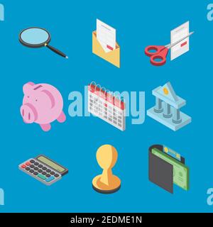 tax day icon set piggy bank calendar wallet bank calculator vector illustration isometric Stock Vector