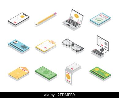 tax day digital smartphone laptop money digital devices icons vector illustration isometric Stock Vector