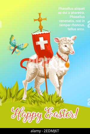 Easter lamb cartoon greeting card. White lamb of God with cross and red flag stands on sunny grass meadow. Happy Easter festive poster, Joyful Spring Stock Vector