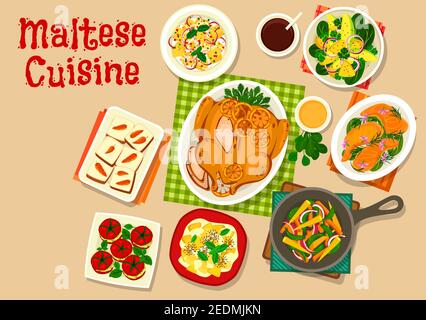 Maltese cuisine healthy food icon of baked turkey with oranges, vegetable salad, avocado pineapple salad, salmon steak, stuffed tomato with crab, vege Stock Vector