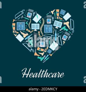 Heart made up of orthopedic medical icons. Thermometer, spine, foot bones and joints, medical check up form, scales, computer, prosthetic leg, orthope Stock Vector