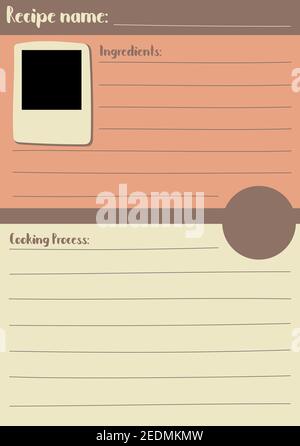Vertical recipe template in warm color palette, A5 vertical format. Cookbook page collection in cozy retro style. Hand-drawn recipe card with name, ph Stock Vector