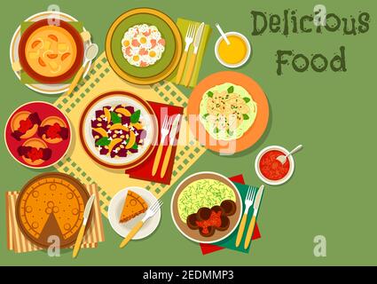 Popular dishes of Great Britain and thai salad icon with british meat pie, rice with fish and egg, ale cream soup, chocolate pudding, meatball with ma Stock Vector