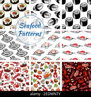 Japanese seafood patterns. Vector seamless set of sushi rolls and sashimi, shrimp or fish tempura food, steamed rice and salmon caviar or tuna with sq Stock Vector