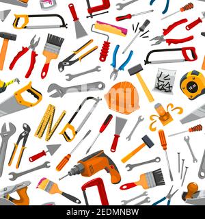 Working tools and equipment for construction and repair seamless pattern. Hammer, screwdriver, wrench and pliers, saw, ruler and drill, brush, roller, Stock Vector