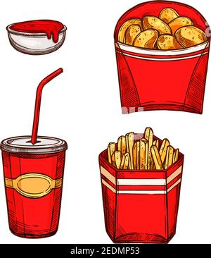 Fast food snacks and drinks. Vector isolated sketch icons of crispy chicken nuggets, fried french fries in red paper box and soda drink in cup with dr Stock Vector