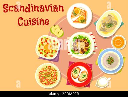 Scandinavian cuisine fish dishes icon with vegetable fish salad, shrimp toast, noodle meat salad with pickles, pike caviar on rye bread, liver with ve Stock Vector