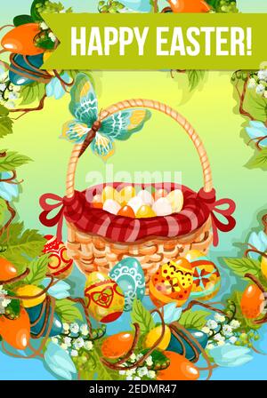 Easter egg hunt cartoon poster. Painted Easter eggs in wicker basket, decorated by red ribbon, flowers of lily and tulip, grapevine leaves and butterf Stock Vector