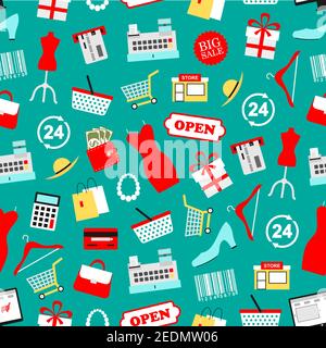 Shopping, retail, pattern. Vector seamless background of shopping bag, money purse, woman fashion dress shop sign, credit card, shoe and hat price tag Stock Vector