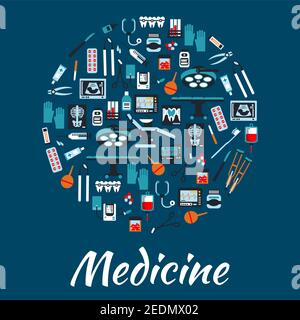 Medical placard. Background vector symbols and icons of health care in circle shape. Equipment and therapy elements dentist chair, tonometer, surgery Stock Vector
