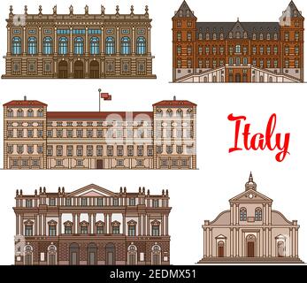 Italian tourist sights linear icon set with Royal Palace of Milan, Castle of Valentino, Roman Catholic Turin Cathedral, Palazzo Madama and Opera House Stock Vector