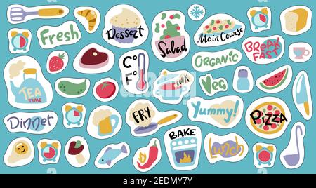 Food cooking stickers, vector illustration with white outline. Doodle objects and lettering stickers for cook book or recipe card. Kids cooking class Stock Vector