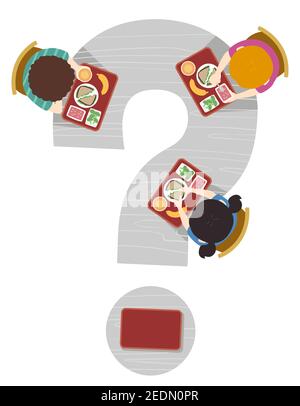 Illustration of Kids Sitting Down Eating Cafeteria Lunch on Question Mark Table with Trays Stock Photo