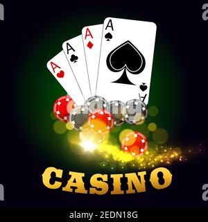 Casino gambling vector poster. Poker cards suits of hearts, diamonds, spades, clubs with gaming dices and poker cards. Las Vegas sparkling lights and Stock Vector