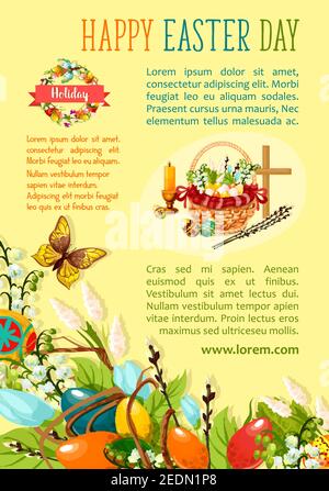 Easter Egg Hunt poster template. Decorated easter eggs with spring flowers in wicker basket with cross, candle and willow tree twigs, floral Easter wr Stock Vector