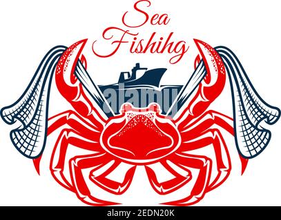 Crab sea fishing symbol. Atlantic crab marine animal with net in claws and trawler fishing boat. Fishing sport club, fishery industry themes design Stock Vector