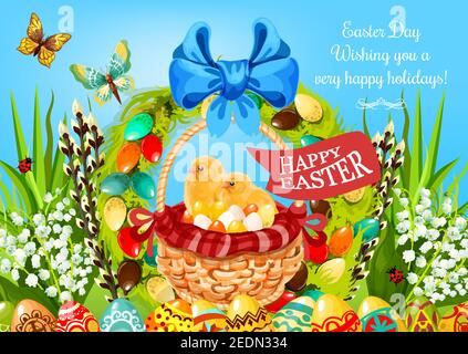 Easter egg hunt basket with chickens greeting card. Yellow chicks with coloured eggs in wicker basket, adorned with ribbon, bow, lily flower, floral E Stock Vector