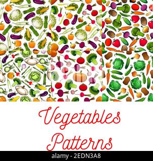 Vegetables patterns of farm vegetables on white background. Vegetarian nutrition farm organic products. Vegan food tomato, pepper, broccoli, peas, dai Stock Vector