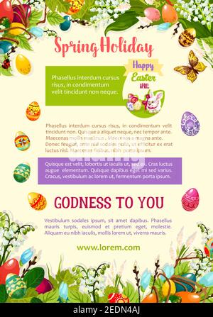 Easter spring holidays celebration poster template. Easter egg hunt rabbit bunny with patterned eggs hidden in green grass, lily and snowdrop flowers, Stock Vector