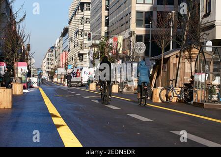 18.12.2020, Berlin, Berlin, Germany - The car-free section of Friedrichstrasse in Berlin-Mitte. The marked bicycle lanes run in the middle of the stre Stock Photo