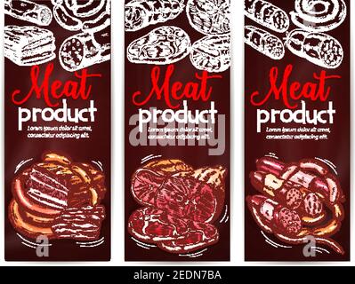 Meat menu banner on chalkboard. Beef and pork sausage, ham, salami, bacon, frankfurter, pepperoni and bologna chalk sketches. Appetizing meat products Stock Vector