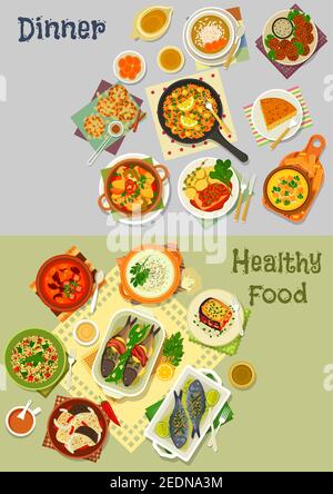 Vegetarian and baked fish dishes icon set with cauliflower, tomato bean, rice and lentil soup, baked fish with bacon, vegetable lasagna, salad, omelet Stock Vector
