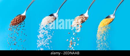 Mix Organic Cereal Grains. Raw Buckwheat Seeds, Oatmeal, Rice, Corn Grits Flakes Falling from Spoons on Blue Background. Stock Photo