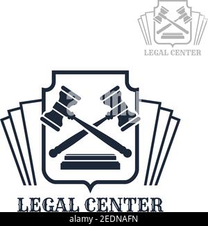 Advocacy or lawyer legal center vector icon with law code and judge gavels on heraldic shield. Emblem or sign for juridical company or advocate or jus Stock Vector