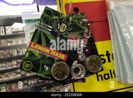 where to buy tobacco in berlin 02.12.2020, Berlin, Berlin, Germany - Sale of legal cannabis in a tobacco  shop.. 00S201202D909CAROEX.JPG [MODEL RELEASE: NO, PROPERTY RELEASE: NO (c  Stock Photo