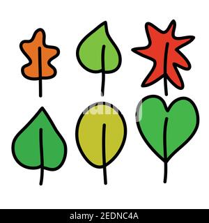 Set of autumn leaves of different trees with a stroke. Primitive doodle style color vector flat illustration Stock Vector