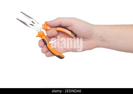 Man holding pliers in hand on white background, close-up. Instrument Stock Photo