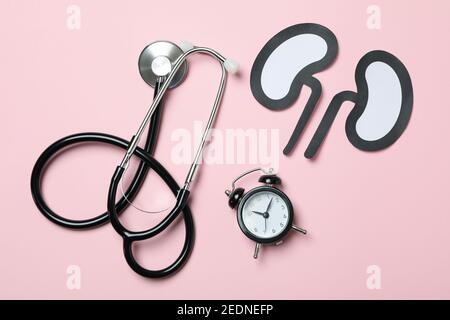 Alarm clock, paper kidneys and a stethoscope on a pink background, time to see a doctor concept Stock Photo