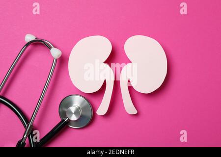 Paper kidneys and a stethoscope on a pink background, nephrology and kidney health concept Stock Photo
