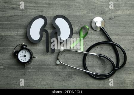 Paper kidneys, an alarm clock, a stethoscope and a green awareness ribbon on a gray background, kidney health concept Stock Photo