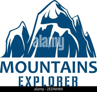 Mountains explorer icon. Extreme sports, outdoor adventure badge with mountain peak landscape. Mountain climbing, hiking, camping expedition, travel d Stock Vector