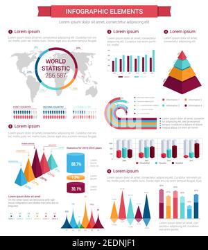 Infographic elements for business presentation with bar graphs, map with pie chart of world statistics, pyramid and arrow diagrams, stacked column per Stock Vector
