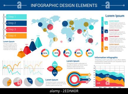 Infographic elements design. World map with pointers, pie chart, line graph, step diagram with option tags, stacked pyramid chart with percent visuali Stock Vector