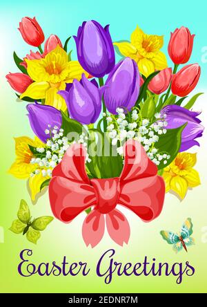 Easter flowers greeting card. Bunch of tulip, lily, narcissus flowers and green leaves, tied with red ribbon with bow. Easter spring holidays cartoon Stock Vector