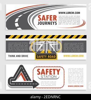 Road and traffic safety banner template set. Highway road turn, crossroad and freeway intersection symbols with warning tape for transportation compan Stock Vector