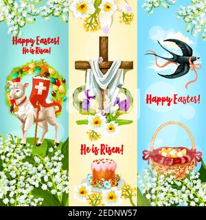 Happy Easter, He is Risen festive banner. Easter egg hunt basket, Easter cake with decorated eggs, cross with spring flowers, lamb of God, floral wrea Stock Vector