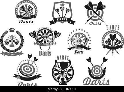 Darts vector icons of dartboard and arrows. Emblems of dart game winner cup awards, trophy heraldic laurel wreath, crown and victory ribbons and stars Stock Vector