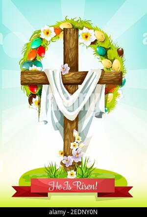 Easter Sunday cross with flowers greeting card. Easter cross, adorned by floral wreath of painted eggs and narcissus flowers, green grass and leaves. Stock Vector